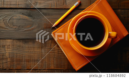 desk table with a pencil, notebook, coffee cup, copy space, and copy-space concepts. 118684892