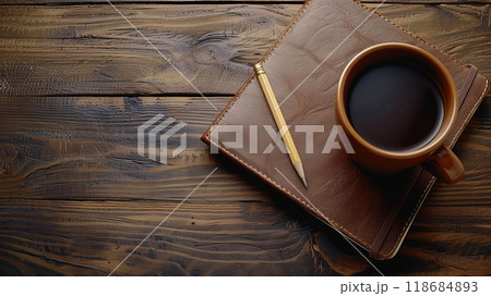 desk table with a pencil, notebook, coffee cup, copy space, and copy-space concepts. 118684893