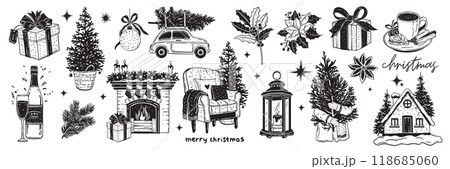 Christmas doodle set, winter pine tree, holiday New Year celebration sketch, cozy fireplace, branch. Christmas doodle set, winter pine tree, holiday New Year celebration sketch, cozy fireplace, branch. 118685060