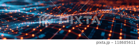 network lines and dots of global connectivity and data transmission. 118685611