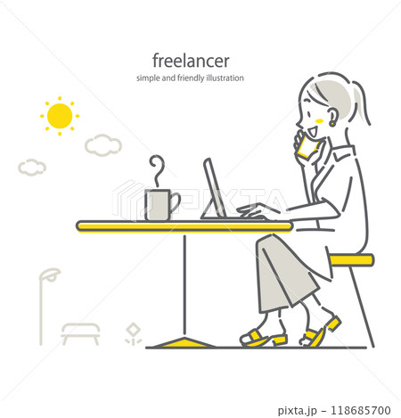 公園のカフェで自由に仕事をするフリーランスの女性 シンプルでお洒落な線画イラスト 公園のカフェで自由に仕事をするフリーランスの女性 シンプルでお洒落な線画イラスト 118685700