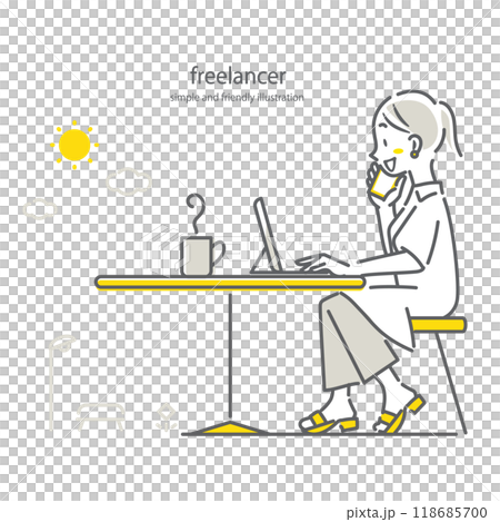 自由職業女性在公園的一家咖啡館自由工作。 118685700