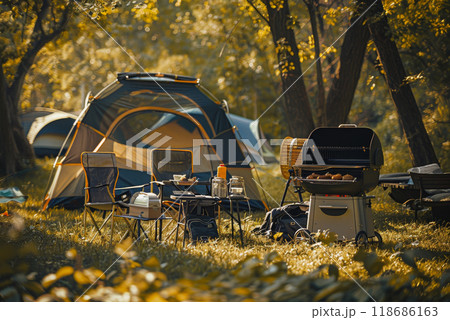 Camping outdoors with lots of sunlight. tent, chairs, a tent BBQ rack, and more 118686163