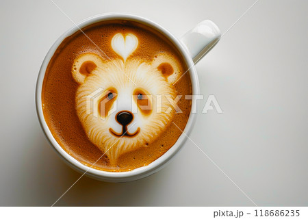 top-view, white coffee cup, any latte art in a cup on the table. 118686235