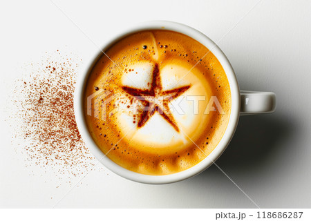 top-view, white coffee cup, any latte art in a cup on the table. 118686287