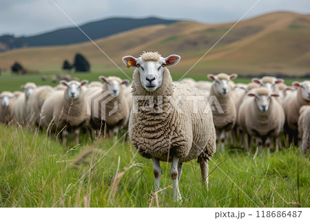sheep with a farm landscape 118686487