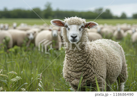 sheep with a farm landscape 118686490