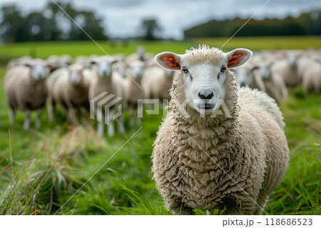 sheep with a farm landscape sheep with a farm landscape 118686523