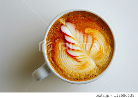 top-view, white coffee cup, any latte art in a cup on the table. top-view, white coffee cup, any latte art in a cup on the table. 118686539