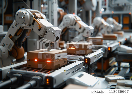 Robot arms in a warehouse preparing boxes for delivery on a conveyor belt. Robot arms in a warehouse preparing boxes for delivery on a conveyor belt. 118686667