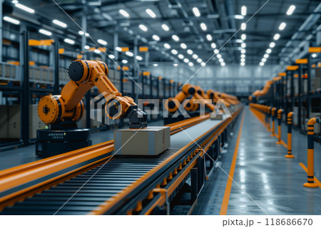 Robot arms in a warehouse preparing boxes for delivery on a conveyor belt. 118686670