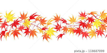 Autumn border on white background. Time of leaf fall. Red and orange leaves of Japanese maple in seamless horizontal pattern. Vector illustration. Autumn border on white background. Time of leaf fall. Red and orange leaves of Japanese maple in seamless horizontal pattern. Vector illustration. 118687099