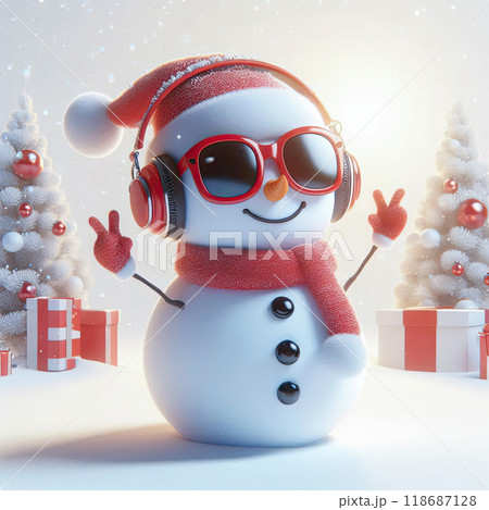 3d dancing snowman in red glasses and with headphones on his head on a white festive background 3d dancing snowman in red glasses and with headphones on his head on a white festive background 118687128