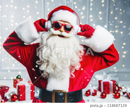 Dancing Santa Claus in red glasses and with headphones on his head on a white festive background Dancing Santa Claus in red glasses and with headphones on his head on a white festive background 118687129