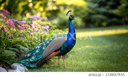 beautiful peacock in garden in summer beautiful peacock in garden in summer 118687635