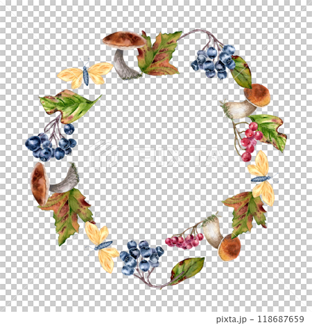 Watercolor autumn frame with mushroom of brown cap, red maple leaves and black chokeberry isolated. Rowan red berry branch with bolete hand drawn. Fall wreath of forest plants, butterfly botanical art 118687659