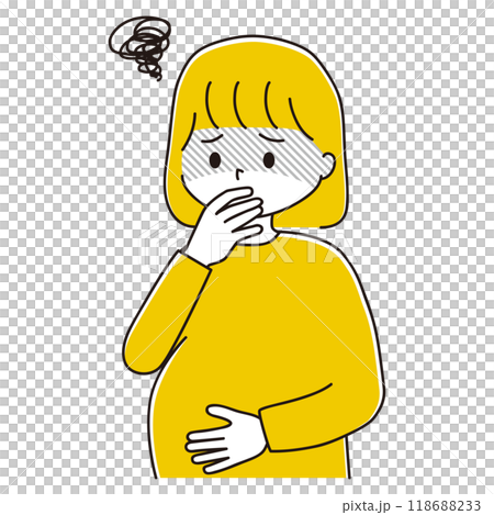 Illustration of a pregnant woman feeling unwell due to morning sickness 118688233