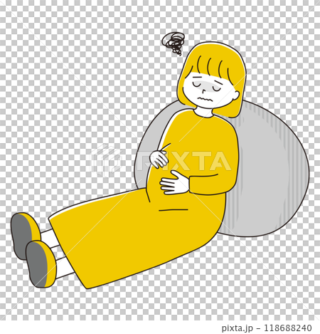Illustration of a pregnant woman leaning against a cushion in pain 118688240