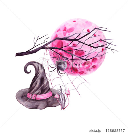 Pink full moon, black witch hat, tree branch and spider on web. Watercolor hand drawn cut out isolated illustration. Magical night satellite drawing for Halloween, Sabbath. Symbol of cyclic renewal 118688357