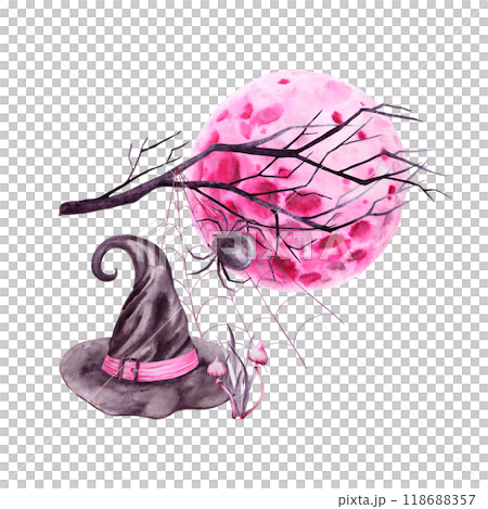 Pink full moon, black witch hat, tree branch and spider on web. Watercolor hand drawn cut out isolated illustration. Magical night satellite drawing for Halloween, Sabbath. Symbol of cyclic renewal 118688357