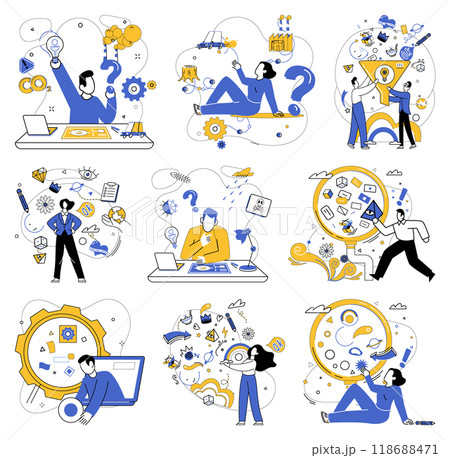 Innovation strategy vector illustration. Mission-focused planning is map guiding businesses through labyrinth success Innovation strategy is architect drawing blueprints for castle business efficiency Innovation strategy vector illustration. Mission-focused planning is map guiding businesses through labyrinth success Innovation strategy is architect drawing blueprints for castle business efficiency 118688471