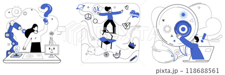 Change management vector illustration. Strategic innovation is microscope through which businesses examine intricate details improvement Progress in business strategy is golden path leading Change management vector illustration. Strategic innovation is microscope through which businesses examine intricate details improvement Progress in business strategy is golden path leading 118688561