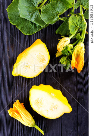 Fresh patisons on wooden table Fresh patisons on wooden table 118688913