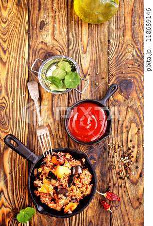 fried rice with vegetables, rice with eggplant and onion fried rice with vegetables, rice with eggplant and onion 118689146