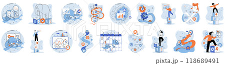 Soft skills. Set of images highlight essential qualities such as teamwork, decision-making, adaptability, and empathy demonstrated through various scenarios. Ideal for personal development, team 118689491