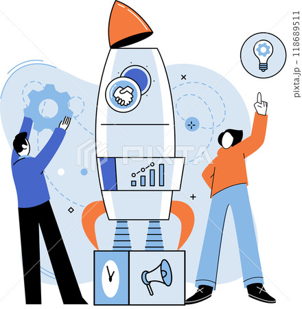 Business startup launch, company strategy or new project start. Teamwork solving complex problems, Businessmen team working together, preparing rocket for flight. Innovation solution development 118689511