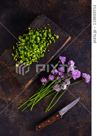 Green chives or allium in bloom with purple violet flowers and green stems 118689552
