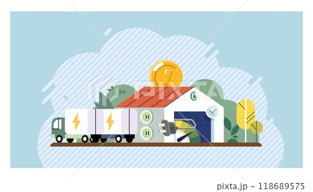 Clean energy concept. Electric trucks and a building with a solar panel and leaf elements. Ideal for renewable energy, electric vehicles, sustainability, green logistics, environmental conservation Clean energy concept. Electric trucks and a building with a solar panel and leaf elements. Ideal for renewable energy, electric vehicles, sustainability, green logistics, environmental conservation 118689575