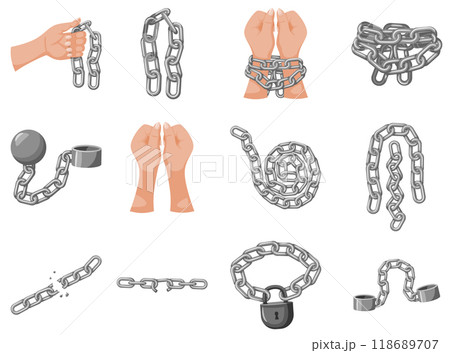Iron chain concept set with different scenarios including hands in chains, padlocked chains, broken links and ball and chain. Ideal for concepts of oppression, slavery, freedom, imprisonment, security Iron chain concept set with different scenarios including hands in chains, padlocked chains, broken links and ball and chain. Ideal for concepts of oppression, slavery, freedom, imprisonment, security 118689707