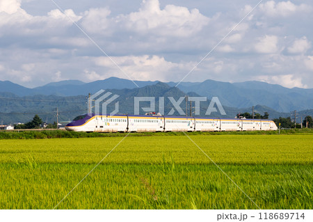 【山形線】田園風景を走行するミニ新幹線 【山形線】田園風景を走行するミニ新幹線 118689714