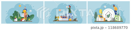 Clean energy concept. First image shows solar panel installation, second one depicts electricity production using wind turbines, and third one shows eco-friendly home construction. Ideal 118689770