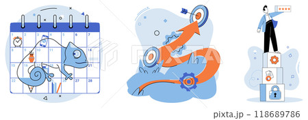 Soft skills. A chameleon on a calendar, arrows hitting targets, and a person standing on blocks symbolize adaptability, goal setting, and success. Ideal for personal development, time management 118689786