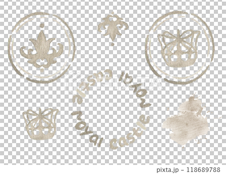 A set of watercolor imprints with royal and postal themes. Featuring crowns and ornate stamps, the hand drawn illustrations in soft pastel tones add elegance to invitations, or vintage-style designs 118689788
