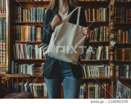 Mockup woman holding a blank white tote bag standing in a library with bookshelf Generative AI 118690109