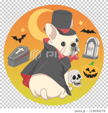 French bulldog sitting and looking back in a vampire Dracula costume [White, Halloween background available] 118690278