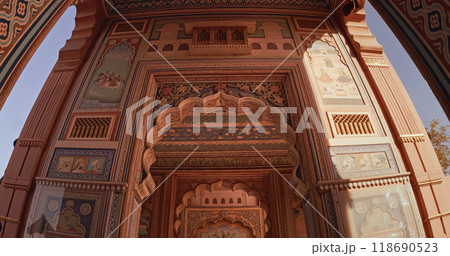 Jaipur, Rajasthan, India. Patrika Gate at Jawahar Circle. Interior inside, many Colorful ornament patterns on old walls. old Pink city Jaipur, Rajasthan, India. Patrika Gate at Jawahar Circle. Interior inside, many Colorful ornament patterns on old walls. old Pink city 118690523