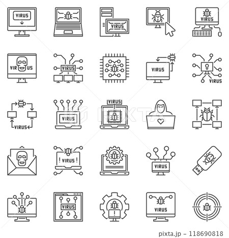 Computer Virus outline icons set - PC bugs and Viruses concept vector line symbols 118690818