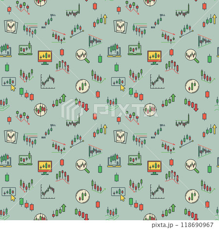 Vector Bitcoin Crypto Trading colored seamless pattern with Candlestick Charts signs 118690967