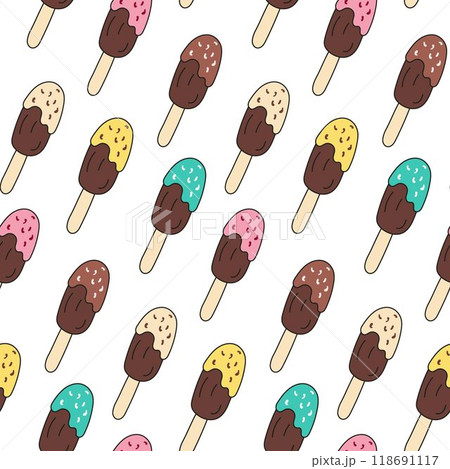 Popsicle with chocolate glaze and sweet sprinkles vector patterns endless. Cold colorful dessert, popsicle on stick. Seamless pattern for wallpaper, fabric, packaging, background. 118691117