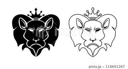 Lion heads with corona. Leo black emblems. Luxury dark tattoo. 118691267
