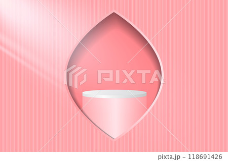 Abstract 3D pink podium background. Modern minimalist mockup for product display presentation. Realistic pink cylinder pedestal podium. 118691426