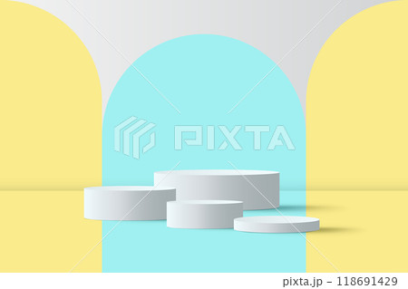 Abstract 3D yellow and blue podium background. Modern minimalist mockup for product display presentation. Realistic yellow and blue cylinder pedestal podium. 118691429
