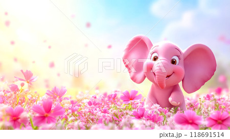 Cute pink elephant smiling and sitting in a field of flowers 118691514