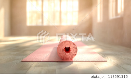 Pink yoga mat lying on wooden floor in sunlit room 118691516