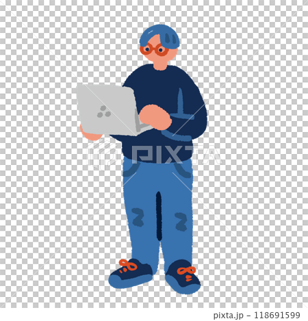 A simple, flat illustration of a man using a computer 118691599