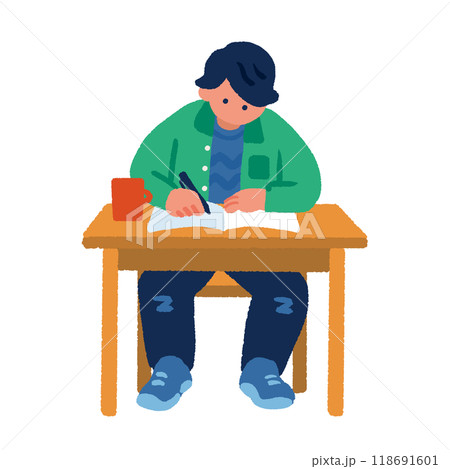 机に向かって勉強をするシンプルでフラットな男性のイラスト 118691601
